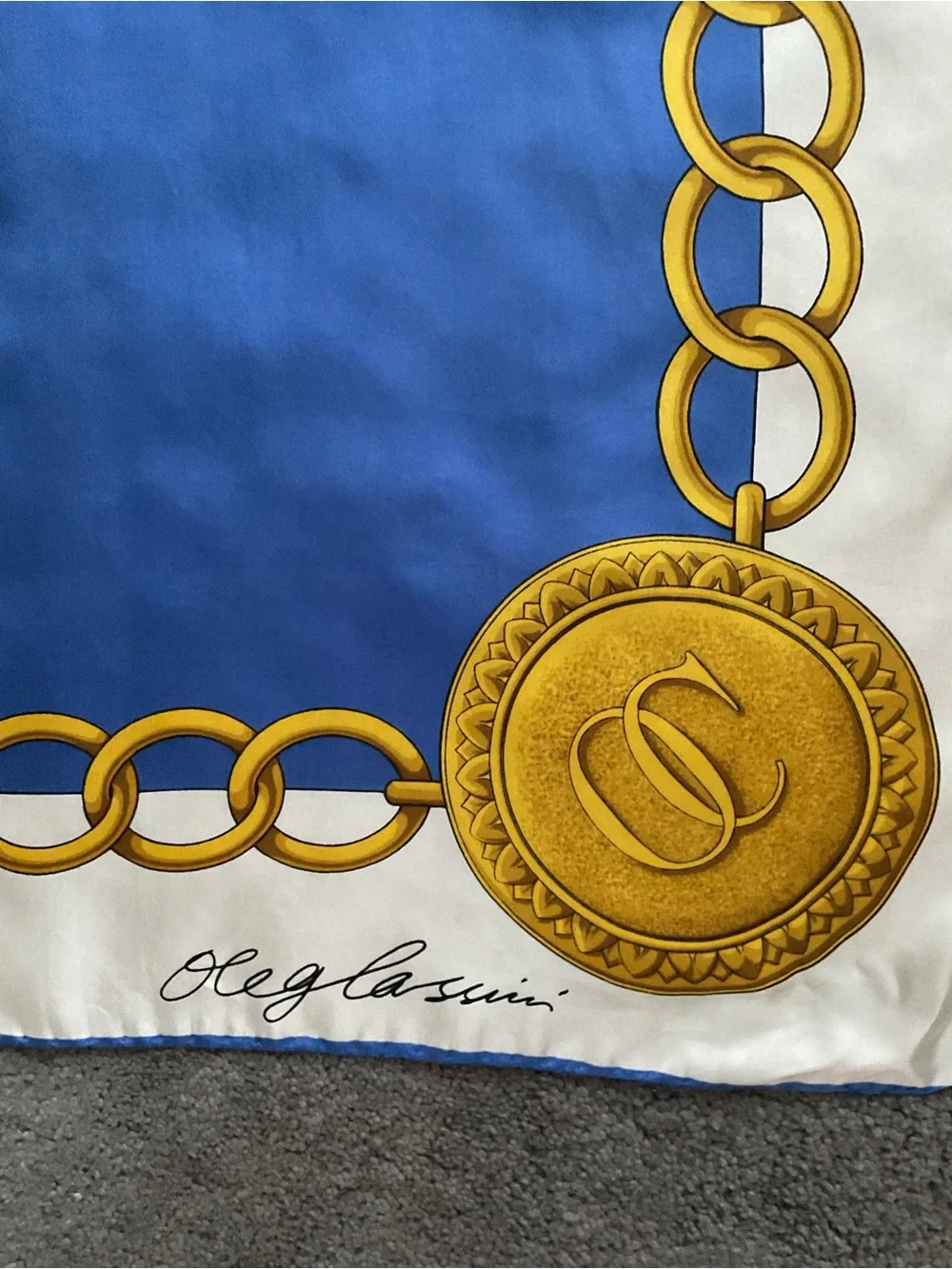 Oleg Cassini White Silk Scarf with Blue Border, Gold and Red Accents